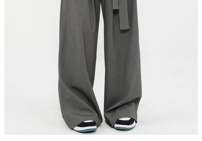 Low Rise Tie-Rise Plain Loose-Fit Wide-Leg Pants