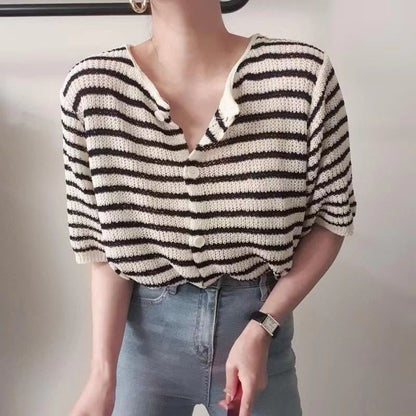 Short-Sleeve Striped Button-Up Cardigan