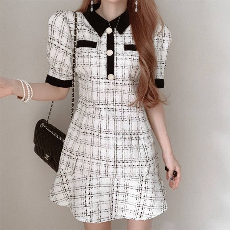 Short-Sleeve Collared Tweed Mini A-Line Dress