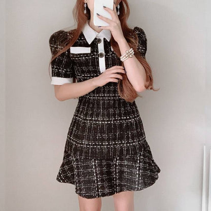 Short-Sleeve Collared Tweed Mini A-Line Dress