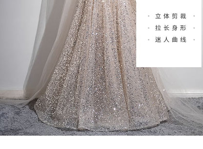 Sleeveless Round Neck Sequin Bow Mesh A-Line Evening Gown