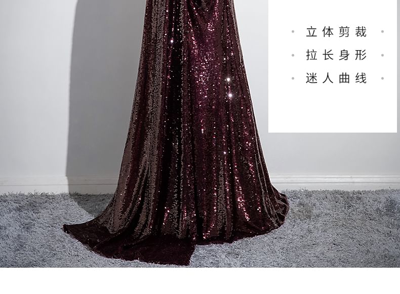 Short-Sleeve Off Shoulder Plain Rhinestone Sequin A-Line Evening Gown