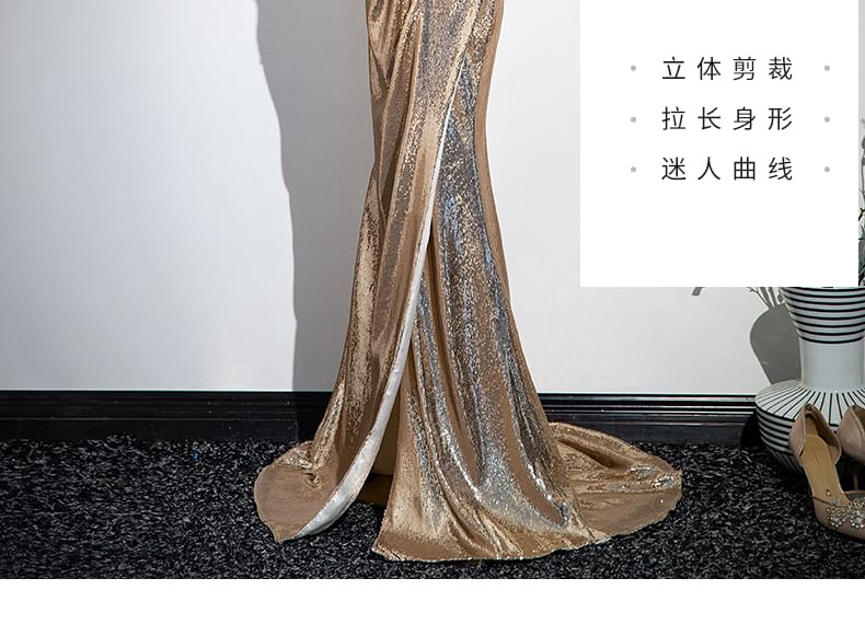 Bow Sequin Slit Trumpet Tube Evening Gown