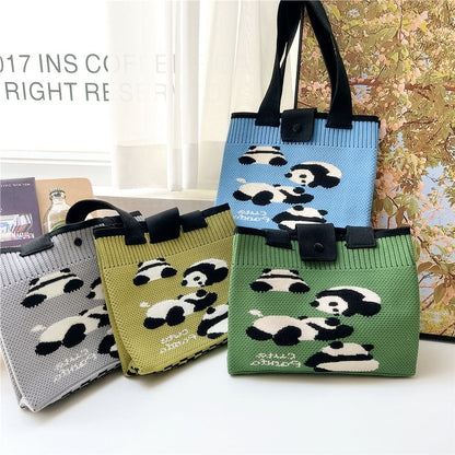 Checkered Knit Panda Tote Bag