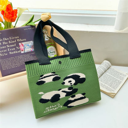 Checkered Knit Panda Tote Bag