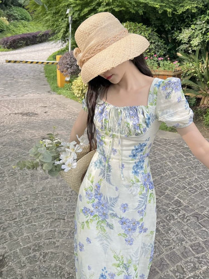 Ruffle Cap Sleeve Square Neck Floral Print Maxi Dress