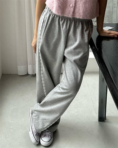 Low Waist Lace Panel Loose-Fit Wide-Leg Sweatpants