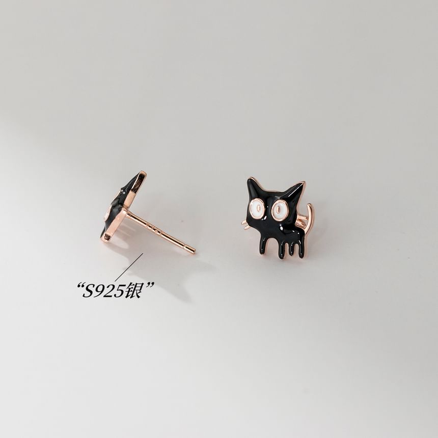 925 Sterling Silver Enamel Cat Stud Earring