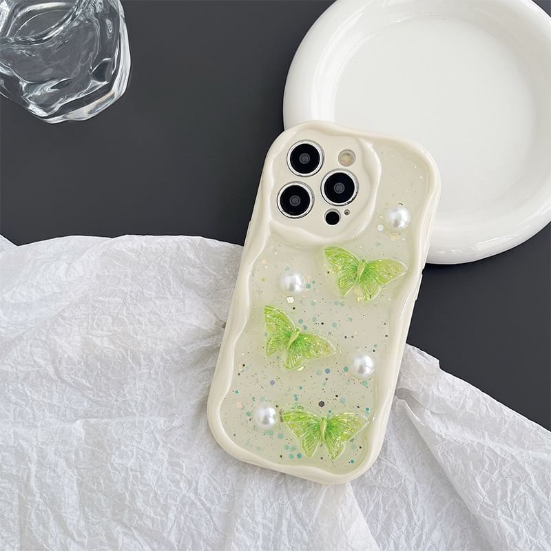 Butterfly Faux Pearl Phone Case - iPhone 15 Pro Max / 15 Pro / 15 Plus / 15 / 14 Pro Max / 14 Pro / 14 Plus / 14 / 13 Pro Max / 13 Pro / 13 / 13 mini / 12 Pro Max / 12 Pro / 12 / 12 mini / 11 Pro Max / 11 Pro / 11