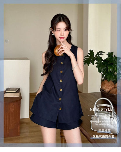 Set: Sleeveless Round Neck Plain Button Top + High Waist Shorts