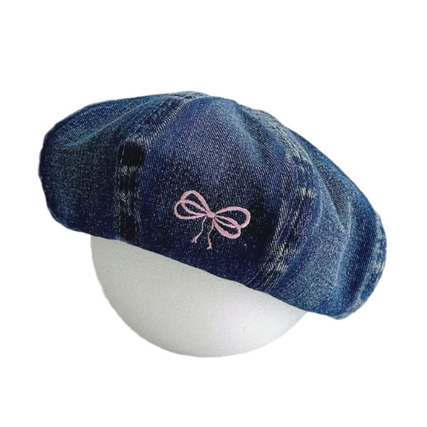 Bow Embroidered Washed Denim Beret