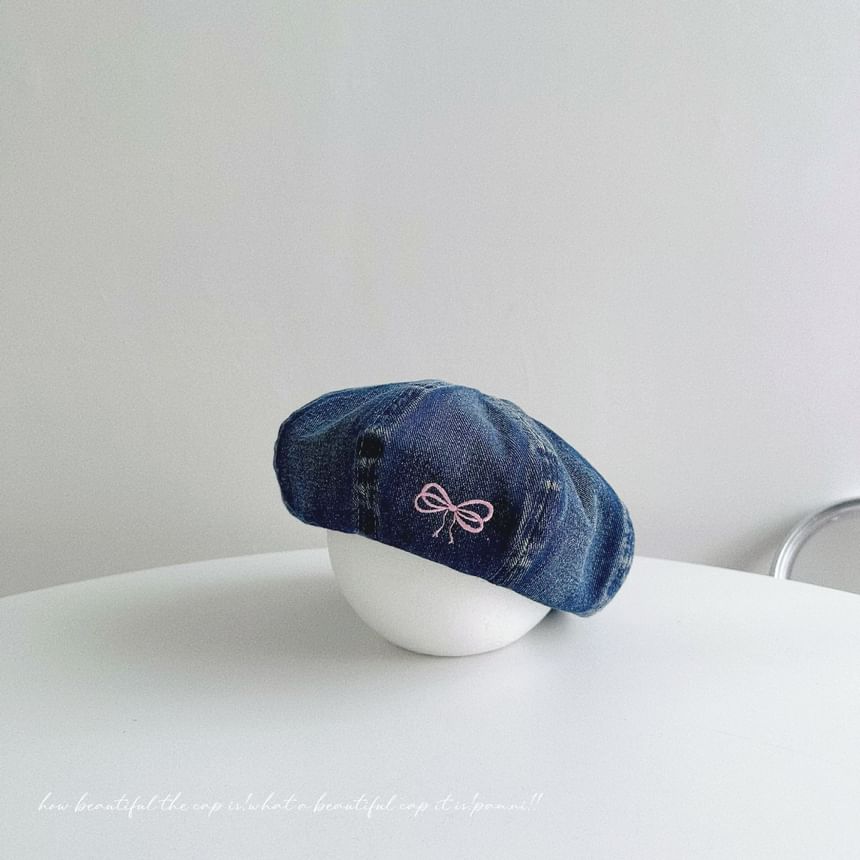 Bow Embroidered Washed Denim Beret