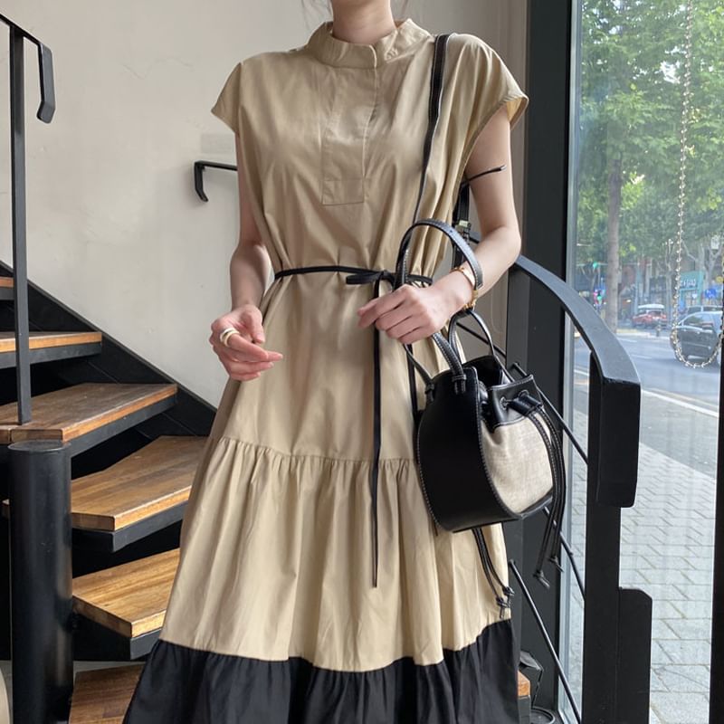 Short-Sleeve Band Collar Two Tone Tiered Midi A-Line Dress