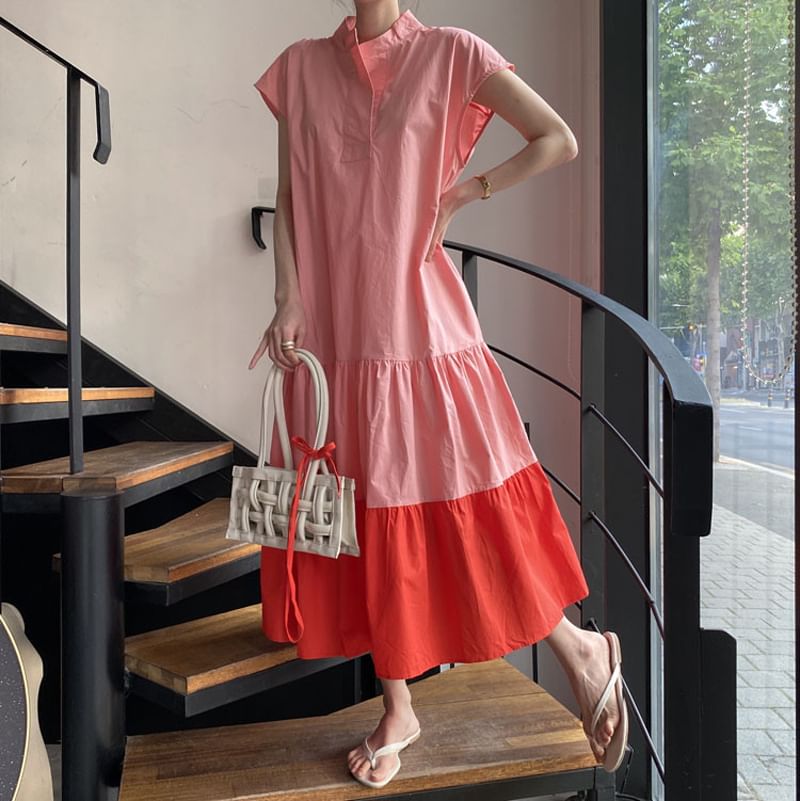 Short-Sleeve Band Collar Two Tone Tiered Midi A-Line Dress