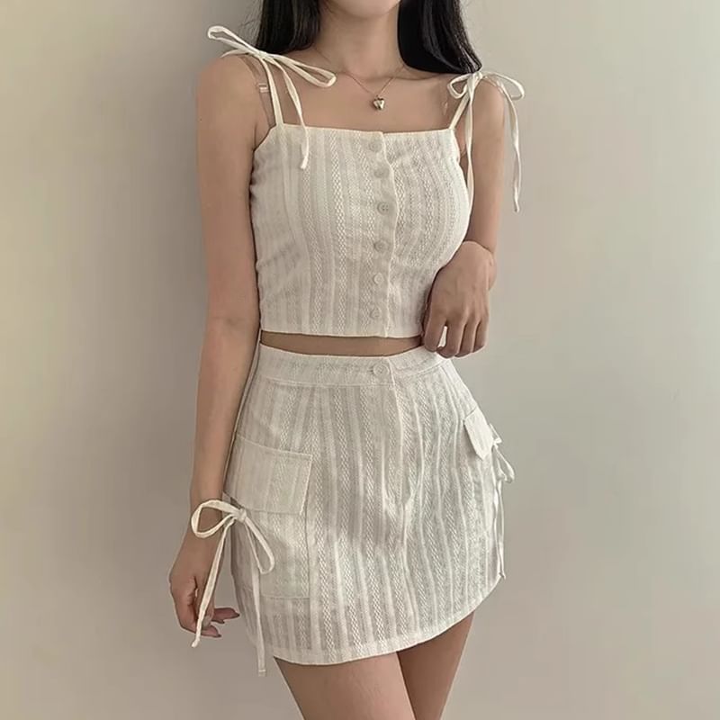 Set: Button-Up Crop Camisole Top + High Waist Mini Pencil Skirt