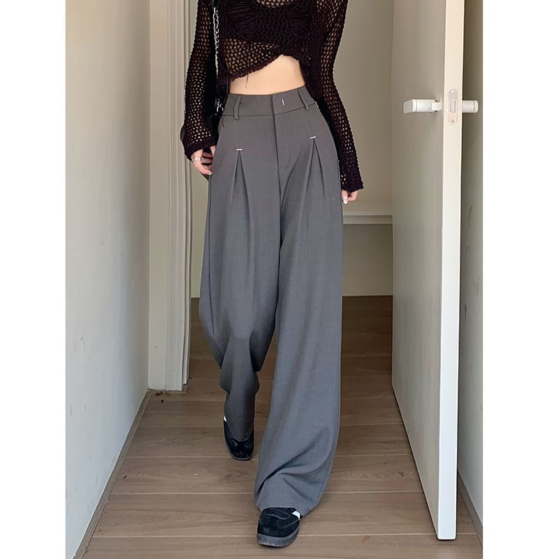 High Rise Plain Loose-Fit Wide-Leg Pants