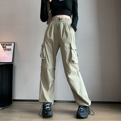 High Rise Plain Pocket Straight-Fit Wide-Leg Pants