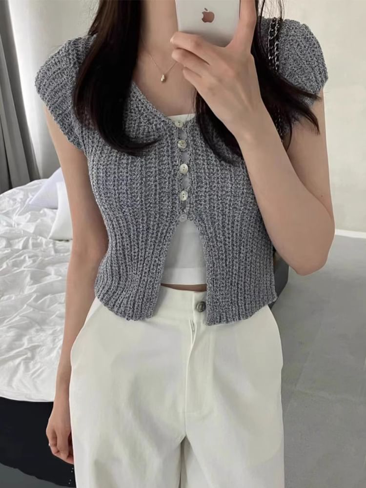 Short Sleeve V-Neck Button Up Cropped Cardigan