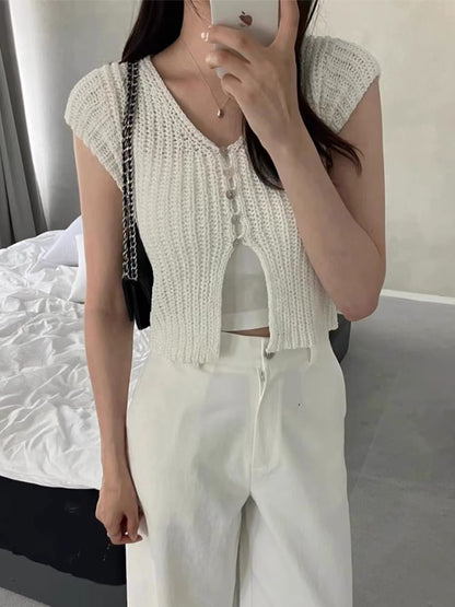 Short Sleeve V-Neck Button Up Cropped Cardigan