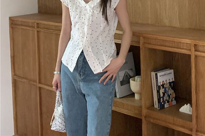 Polka Dot Ruffle Trim V-Neck Short Sleeve Cropped Blouse