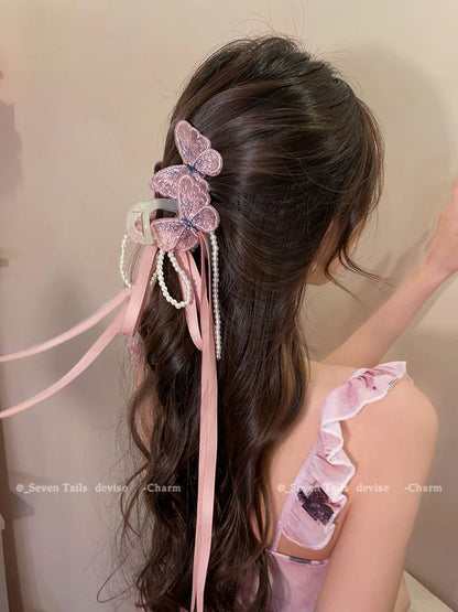 Butterfly Faux Pearl Bow Hair Claw