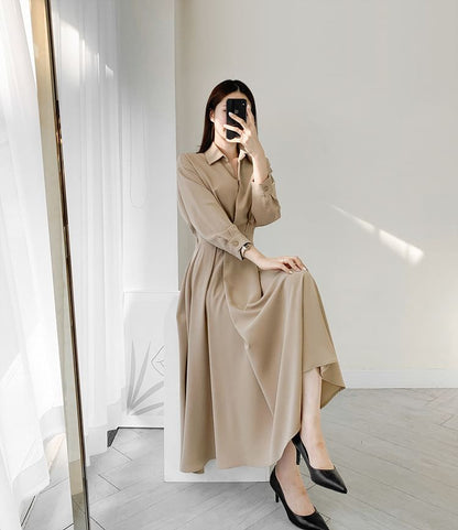 Long Sleeve Collared Plain Double Breasted Midi A-Line Shirt Dress