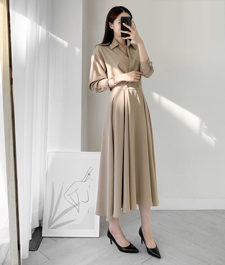 Long Sleeve Collared Plain Double Breasted Midi A-Line Shirt Dress