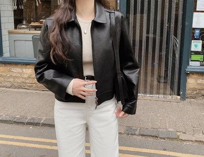 Collared Plain Faux Leather Zip Jacket