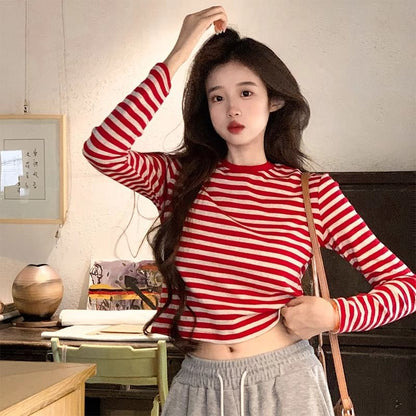 Long-Sleeve Round Neck Striped Tee