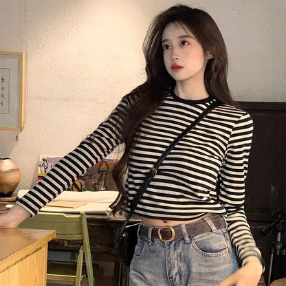 Long-Sleeve Round Neck Striped Tee