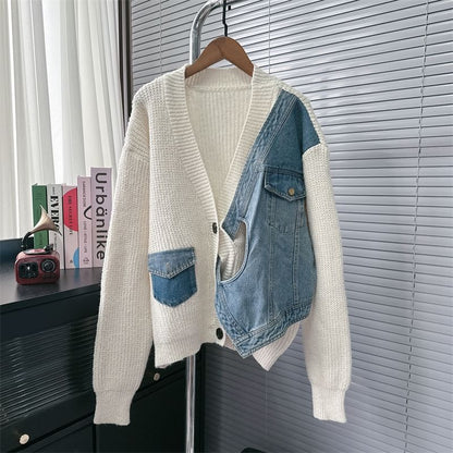 V-Neck Denim Panel Cardigan