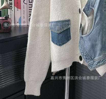 V-Neck Denim Panel Cardigan