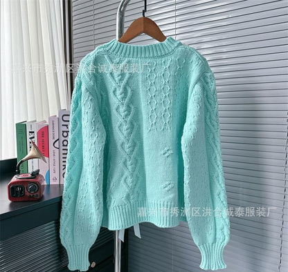 Round Neck Ribbon Faux Pearl Sweater