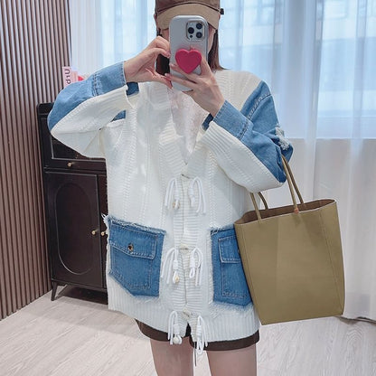 V-Neck Fringed Denim Panel Cardigan