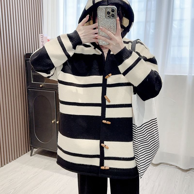 Striped Hooded Toggle Cardigan