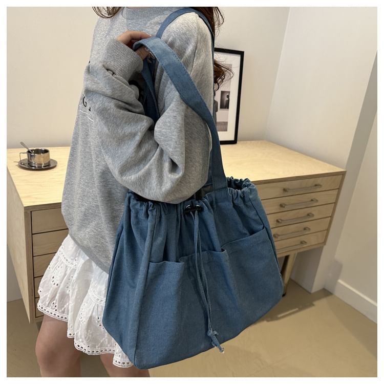 Drawstring Denim Tote Bag