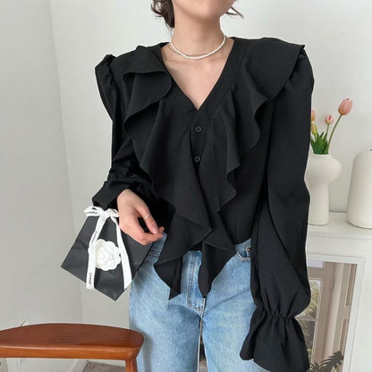 Long Sleeve V-Neck Plain Ruffle Blouse