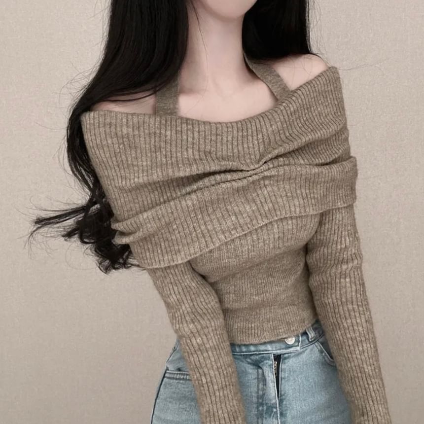 Long-Sleeve Off Shoulder Plain Ribbed Knitted Crop Top