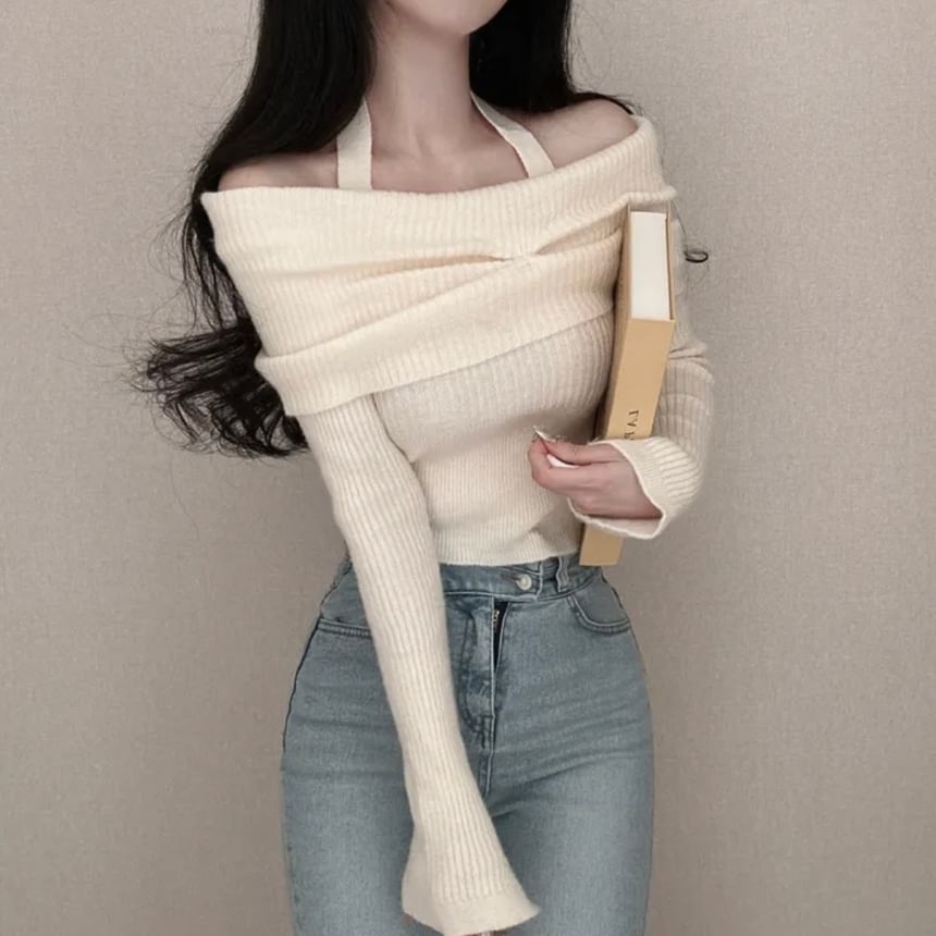 Long-Sleeve Off Shoulder Plain Ribbed Knitted Crop Top