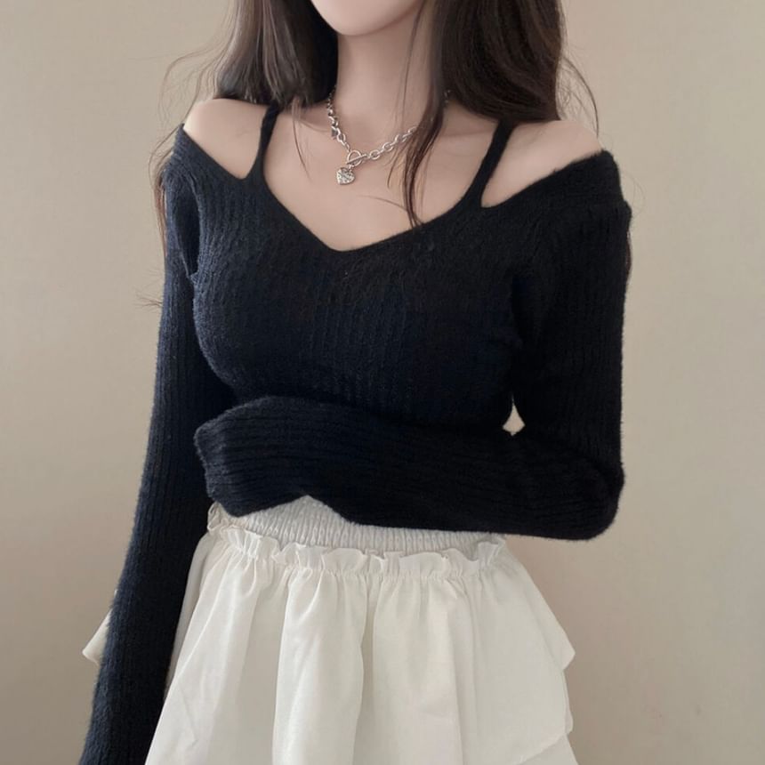 Cold Shoulder V-Neck Plain Ribbed Crop Sweater