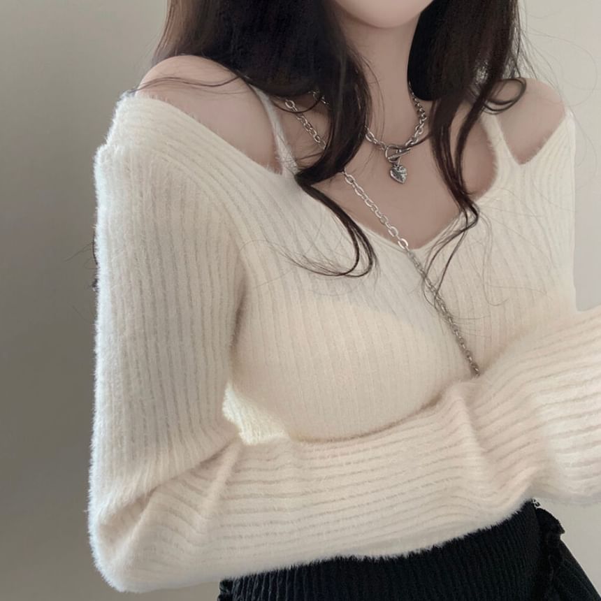 Cold Shoulder V-Neck Plain Ribbed Crop Sweater