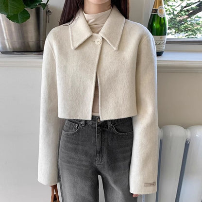 Collared Plain Single Buttoned Cropped Coat