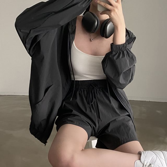 Set: Hooded Plain Drop Shoulder Zip Jacket + Drawstring Waist Shorts