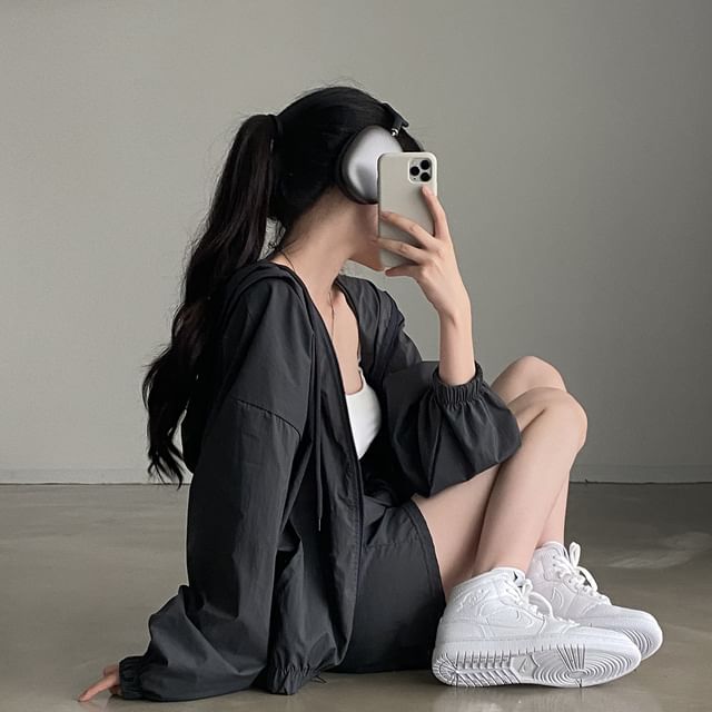 Set: Hooded Plain Drop Shoulder Zip Jacket + Drawstring Waist Shorts