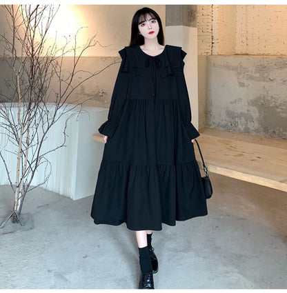 Long-Sleeve Ruffle Plain Midi A-Line Dress