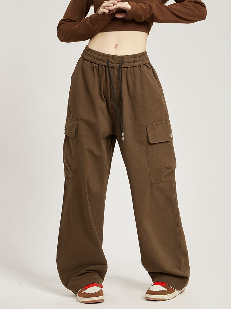 Low Rise Plain Pocket Loose-Fit Wide-Leg Sweatpants