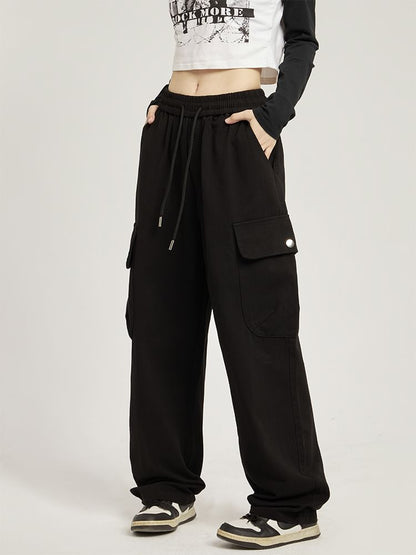 Low Rise Plain Pocket Loose-Fit Wide-Leg Sweatpants