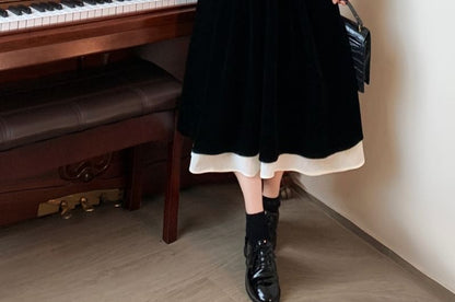 Long Sleeve Square Neck Frill Mock Two Piece Velvet Midi A-Line Dress