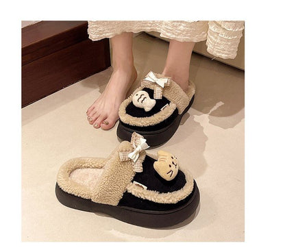 Cartoon Bow Fleece-Lined Platform Mules