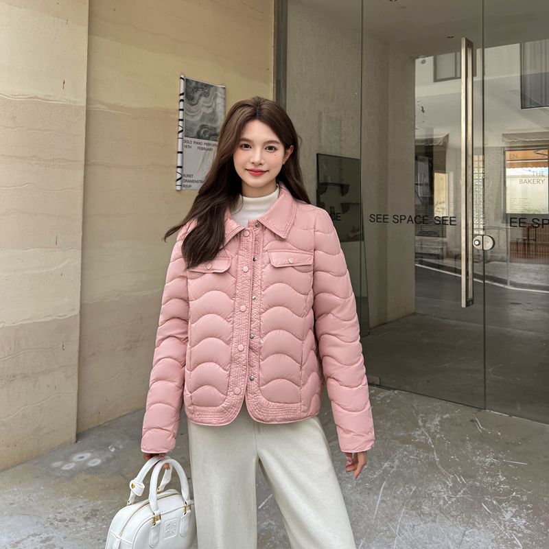 Collar Plain Wavy Button Puffer Jacket